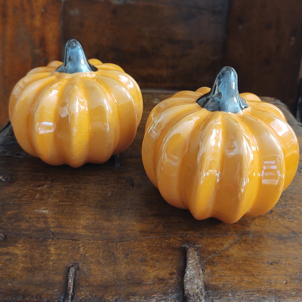 Ceramic Pumpkins Glazed Orange Pearlized Fall Tiered Tray Decor